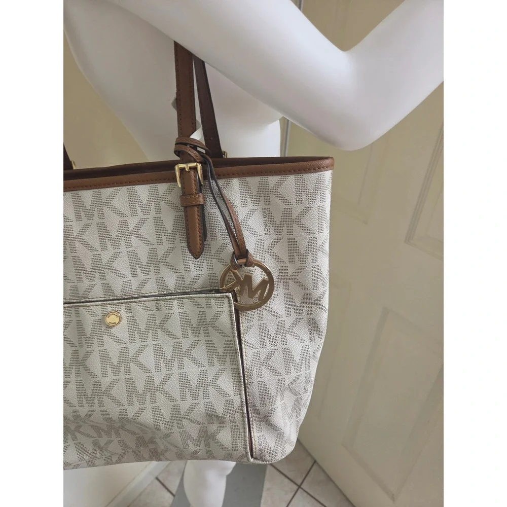 Michael Kors Voyager East West Tote Bag White MK Monogram Brown Trim